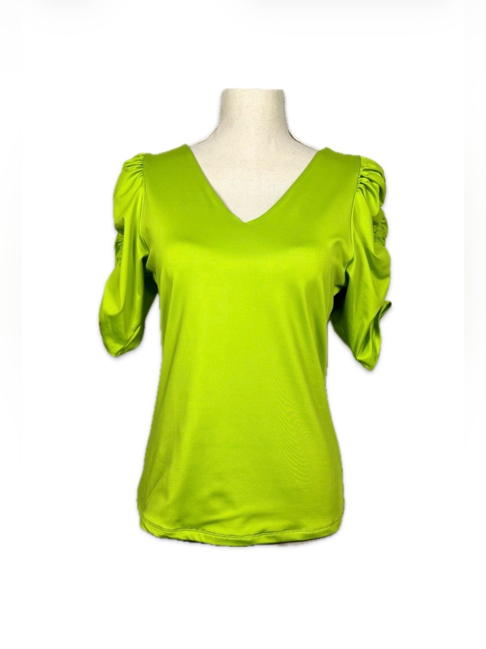 Boston Proper Lime Green V-Neck Short Sleeve Top with Ruched Shoulders